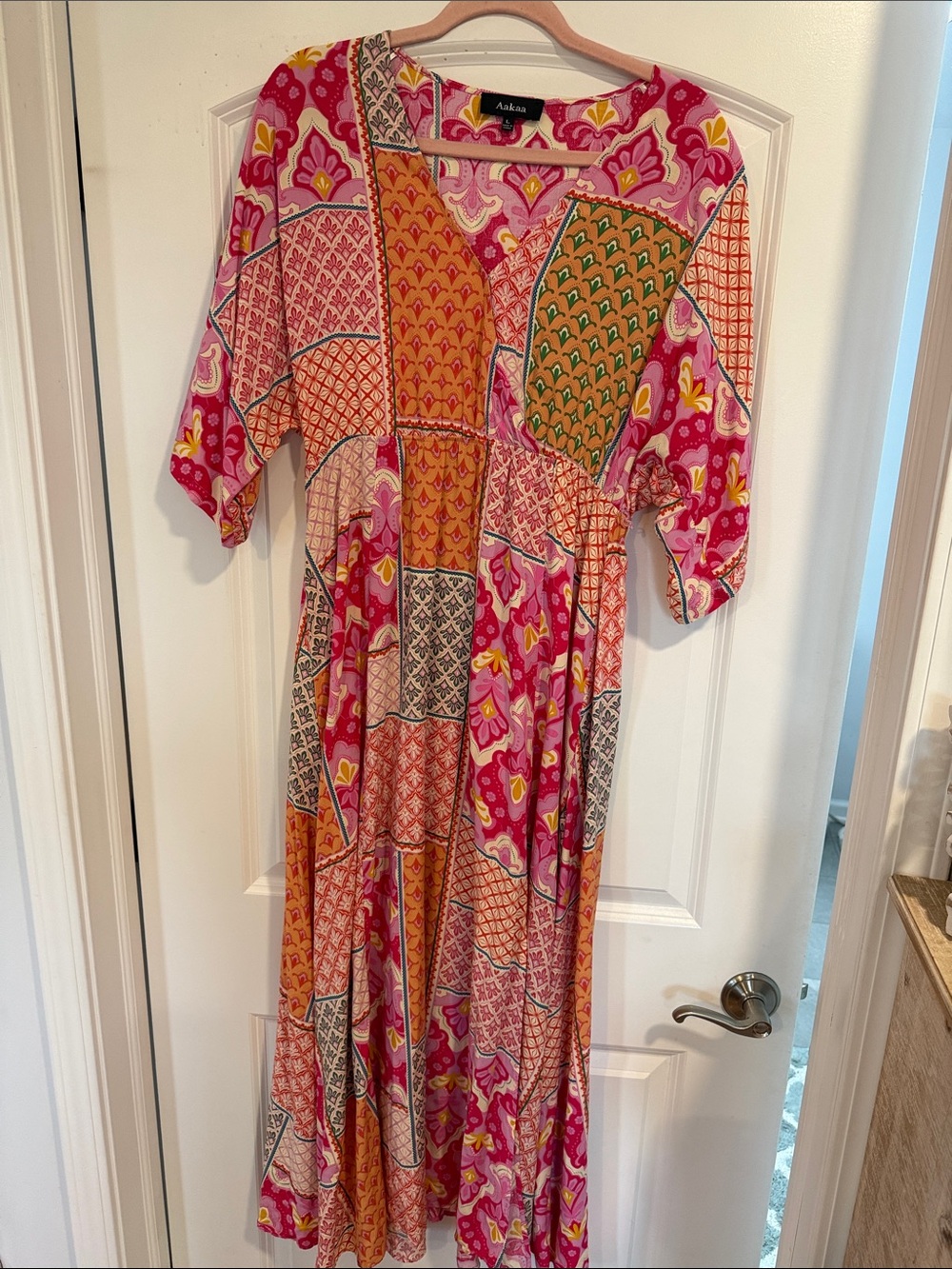 Aakaa Pink & Orange Patchwork V-Neck Maxi Dress with Multicolor Motifs